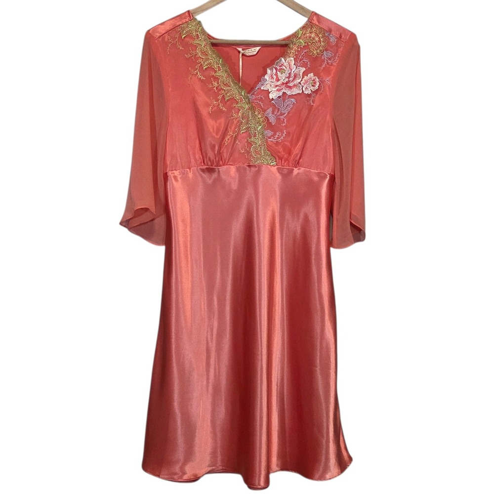 Embroidered Satin Dress Womens Large Coral Faux Wrap Romantic Fairy Regencycore - Picture 2 of 13